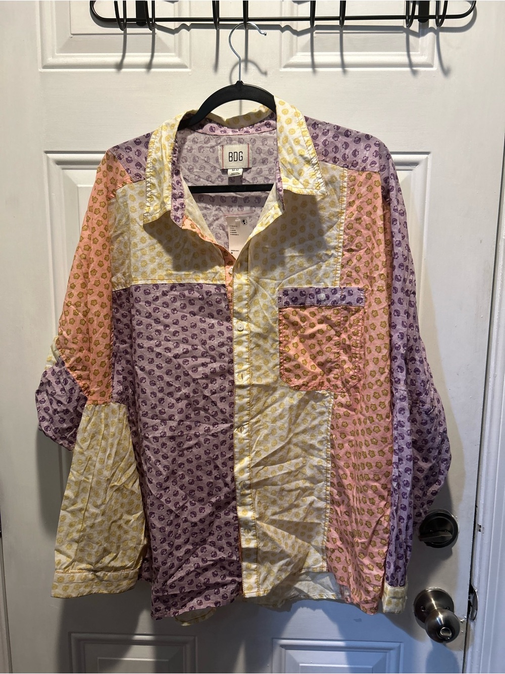 BDG Patchwork Button-Down Shirt in Lavender, Pink & Yellow